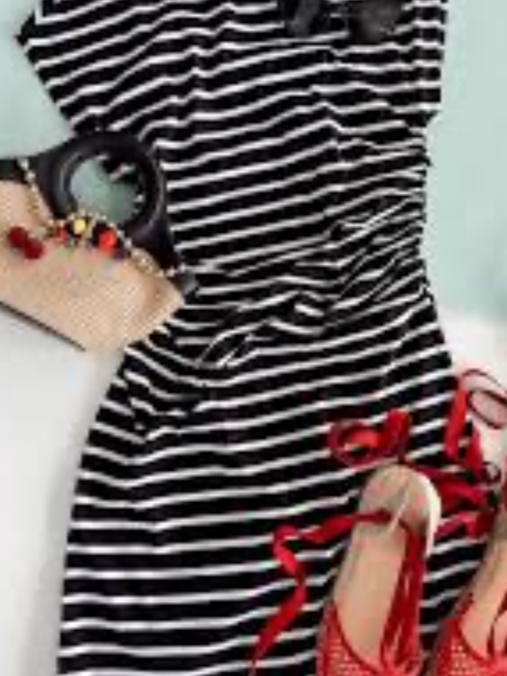 LOFT Black and White Striped Midi Dress with Red Accents